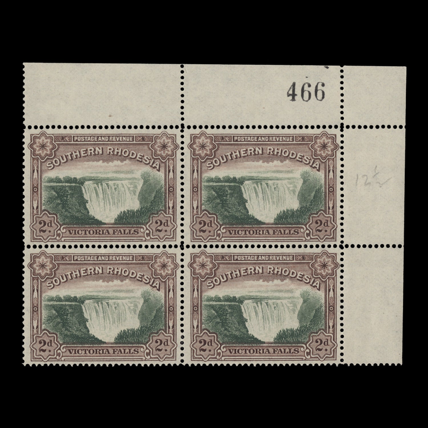 Southern Rhodesia 1935 MNH 2d Victoria Falls sheet number block