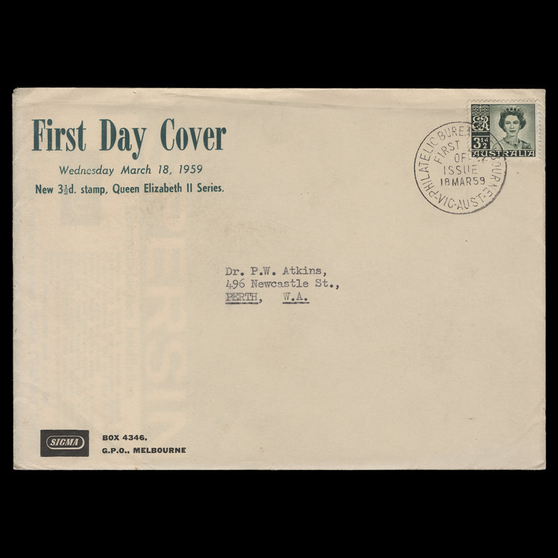 Australia 1959 (FDC) 3½d Queen Elizabeth II, MELBOURNE