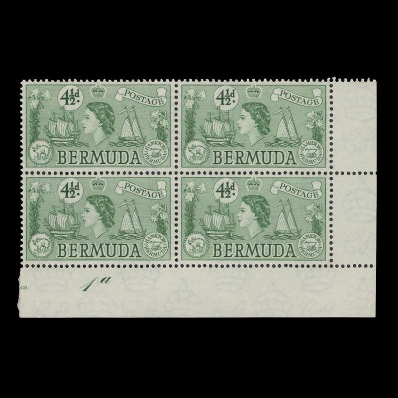 Bermuda 1953 (MNH) 4½d Sea Venture plate 1a block