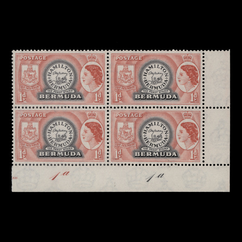 Bermuda 1954 (MNH) 1d Postmaster Perot's Stamp plate 1a–1a block