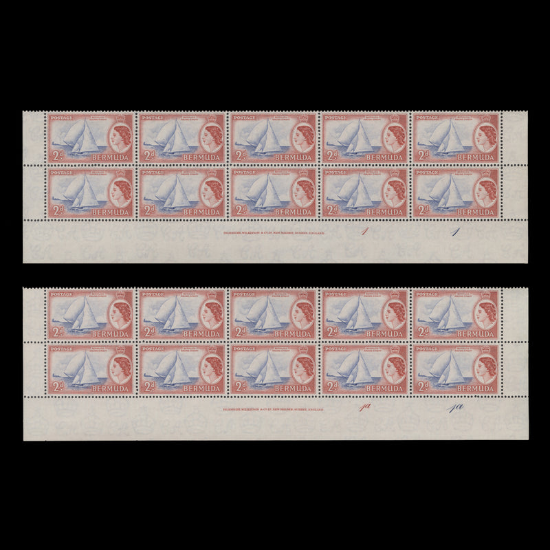 Bermuda 1954 (MNH) 2d Racing Dinghy imprint/plate blocks