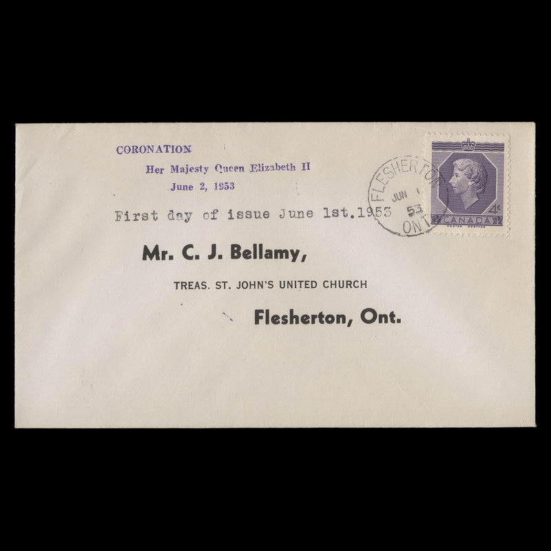 Canada 1953 (FDC) 4c Coronation, FLESHERTON