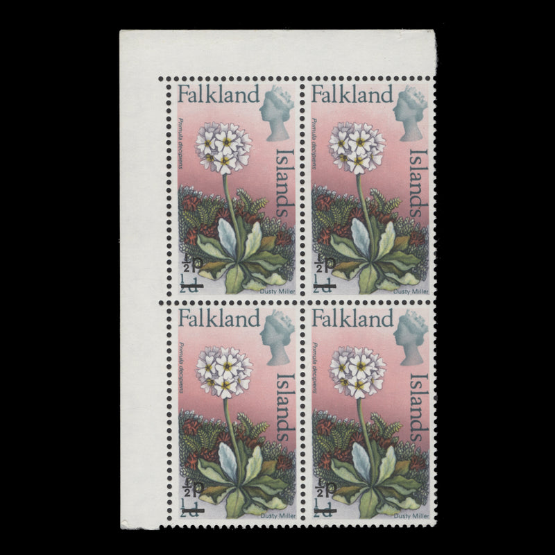 Falkland Islands 1971 (Variety) ½p/½d Dusty Miller block with damaged crown flaw