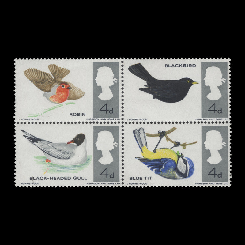 Great Britain 1966 (Variety) 4d British Birds ordinary block missing reddish brown