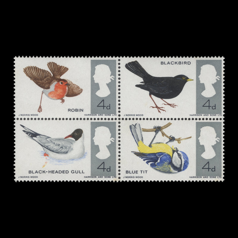 Great Britain 1966 (Variety) 4d British Birds ordinary block missing emerald-green