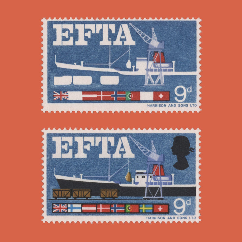 Great Britain 1967 (Variety) 9d EFTA ordinary missing black, brown, new blue and yellow