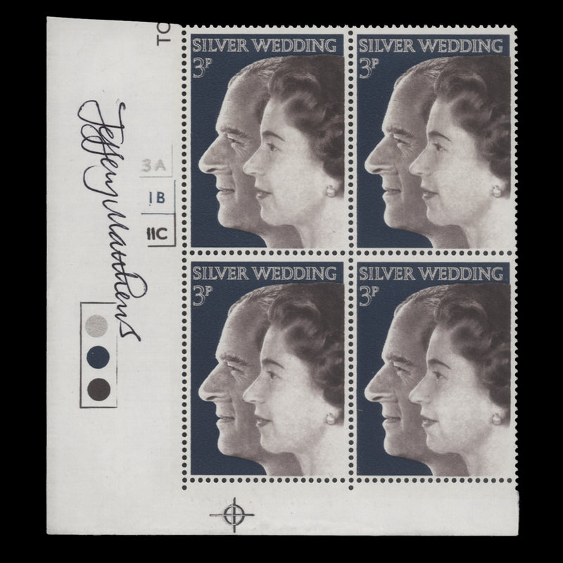 Great Britain 1972 (MNH) 3p Royal Silver Wedding cylinder block signed by designer