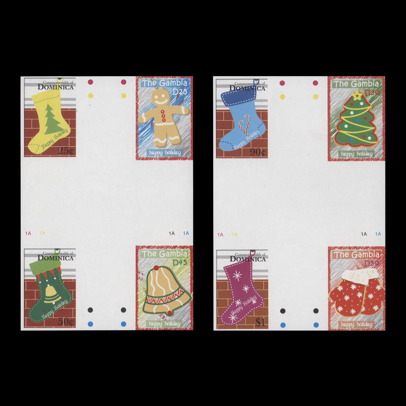 Gambia/Dominica 2006 Christmas imperf proof cross-gutter blocks