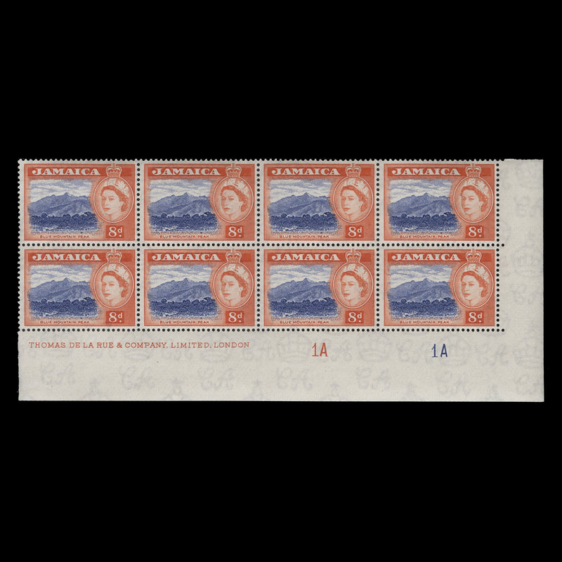 Jamaica 1956 (MNH) 8d Bue Mountain imprint/plate 1A–1A block