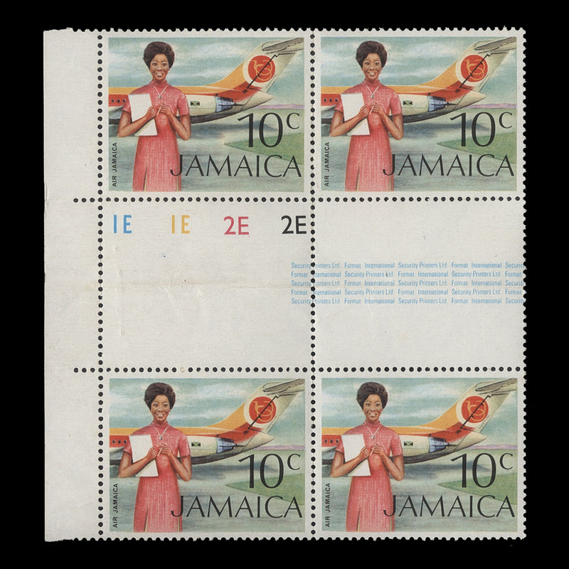 Jamaica 1972 (MNH) 10c Air Jamaica gutter plate 1E–1E–2E–2E block