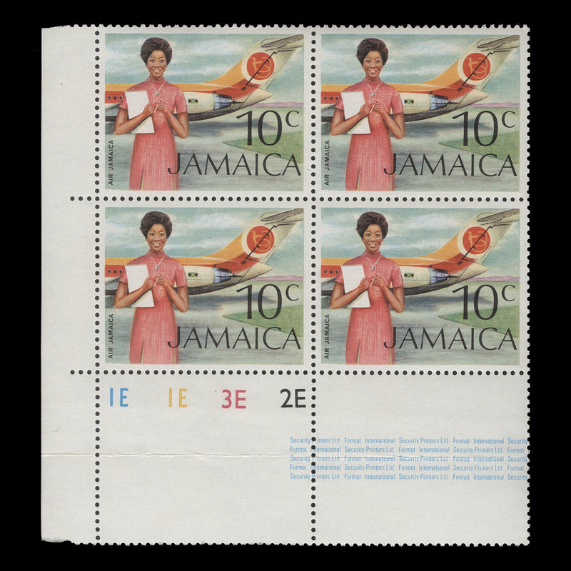 Jamaica 1972 (MNH) 10c Air Jamaica plate 1E–1E–3E–2E block