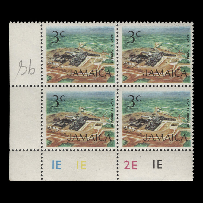 Jamaica 1972 (MNH) 3c Bauxite Industry plate 1E–1E–2E–1E block