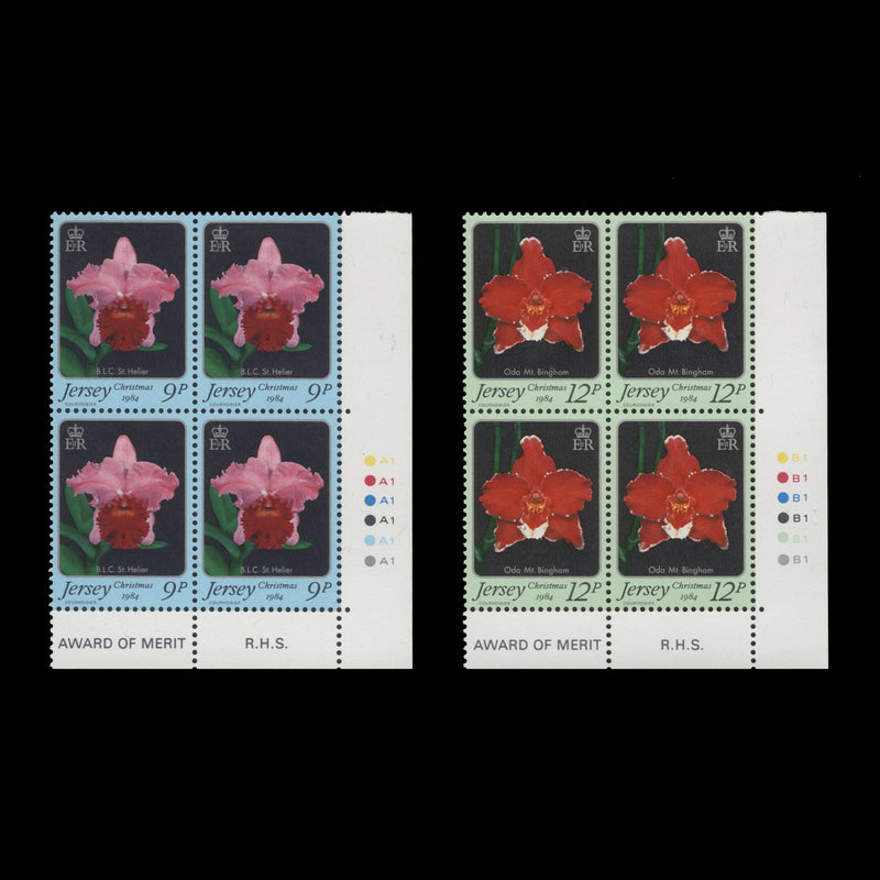 Jersey 1984 (MNH) Orchids traffic light/plate blocks