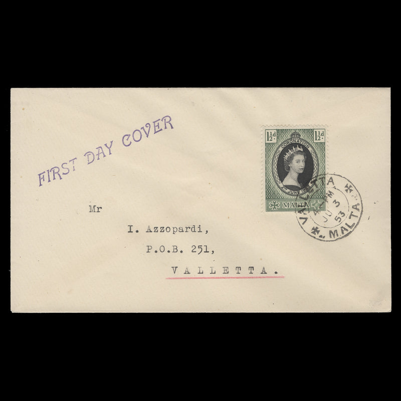 Malta 1953 (FDC) 1½d Coronation, VALLETTA