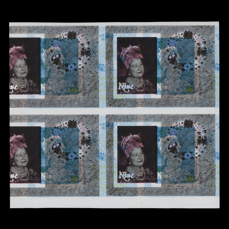 Niue 1990 Queen Mother's Birthday miniature sheet proof block with cyan shift