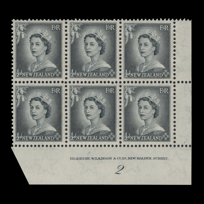 New Zealand 1954 (MNH) ½d Queen Elizabeth II plate 2 block