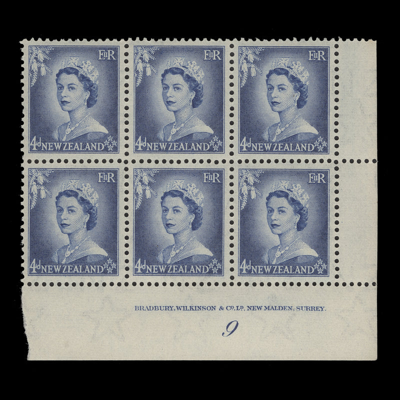 New Zealand 1954 (MNH) 4d Queen Elizabeth II plate 9 block