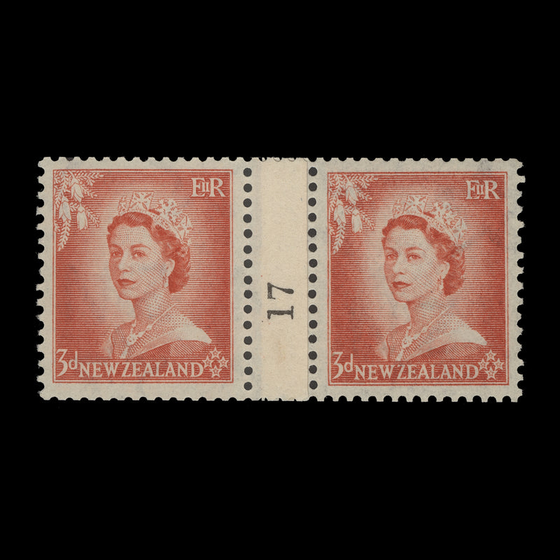 New Zealand 1954 (MNH) 3d Queen Elizabeth II coil join 17 pair