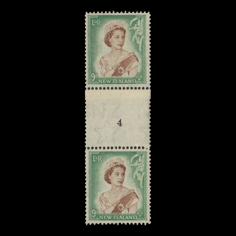 New Zealand 1955 (MNH) 9d Queen Elizabeth II coil join 4 pair