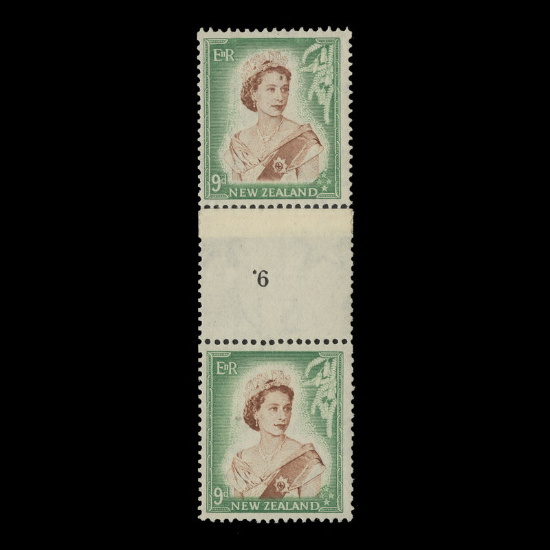 New Zealand 1957 (MNH) 9d Queen Elizabeth II coil join 9 pair