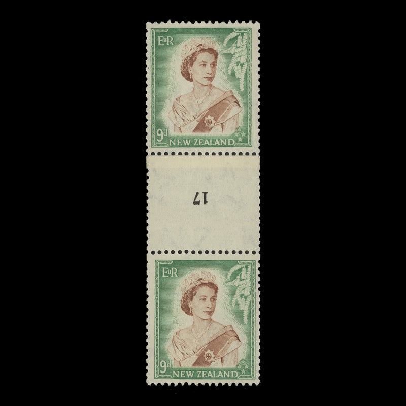 New Zealand 1957 (MNH) 9d Queen Elizabeth II coil join 17 pair