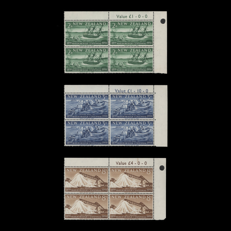 New Zealand 1959 (MNH) Marlborough Centennial sheet value blocks