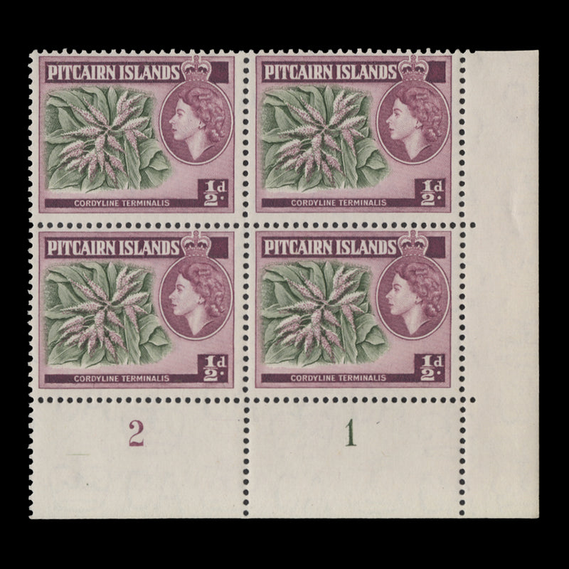 Pitcairn Islands 1963 (MNH) ½d Cordyline Terminalis plate block, St Edward's crown