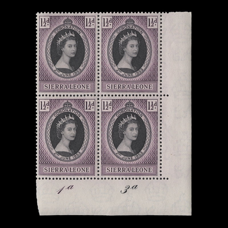 Sierra Leone 1953 (MNH) 1½d Coronation plate 1a–3a block