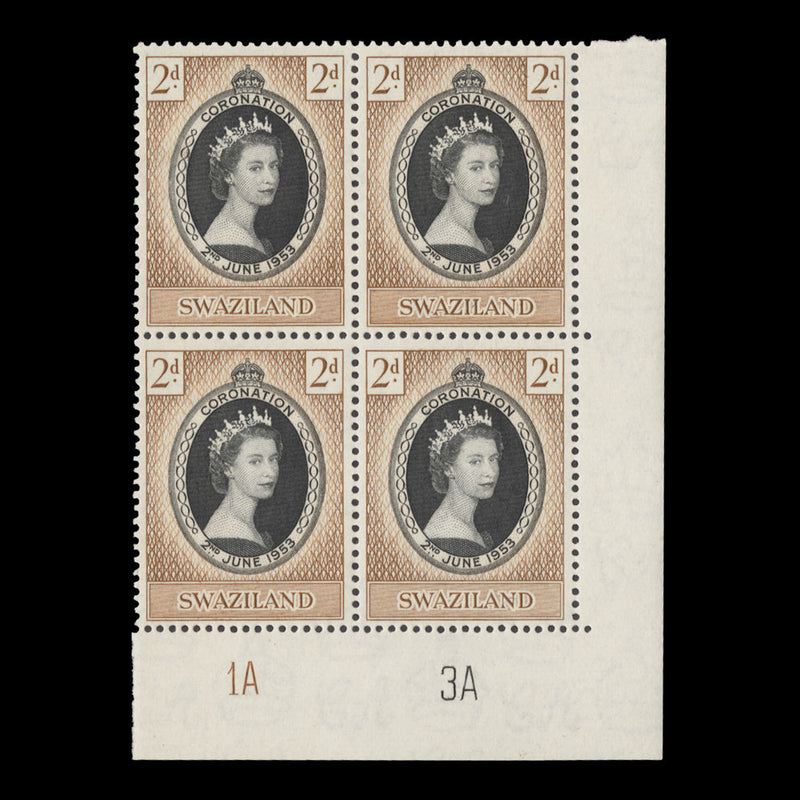 Swaziland 1953 (MNH) 2d Coronation plate 1A–3A block