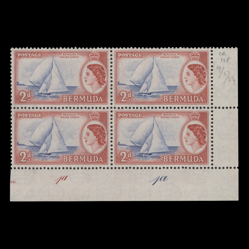 Bermuda 1954 (MNH) 2d Racing Dinghy plate 1a–1a block