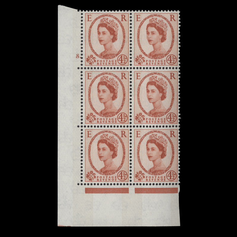 Great Britain 1962 (MNH) 4½d Chestnut cylinder 8. block, E/I, phosphor