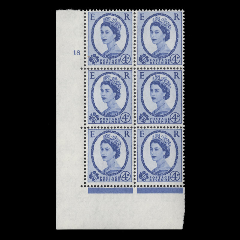 Great Britain 1965 (MNH) 4d Deep Ultramarine cylinder 18 block, multiple crowns