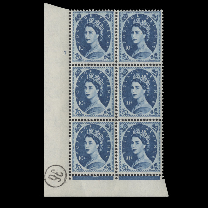 Great Britain 1966 (MNH) 10d Prussian Blue cylinder 1 block, I/E, phosphor