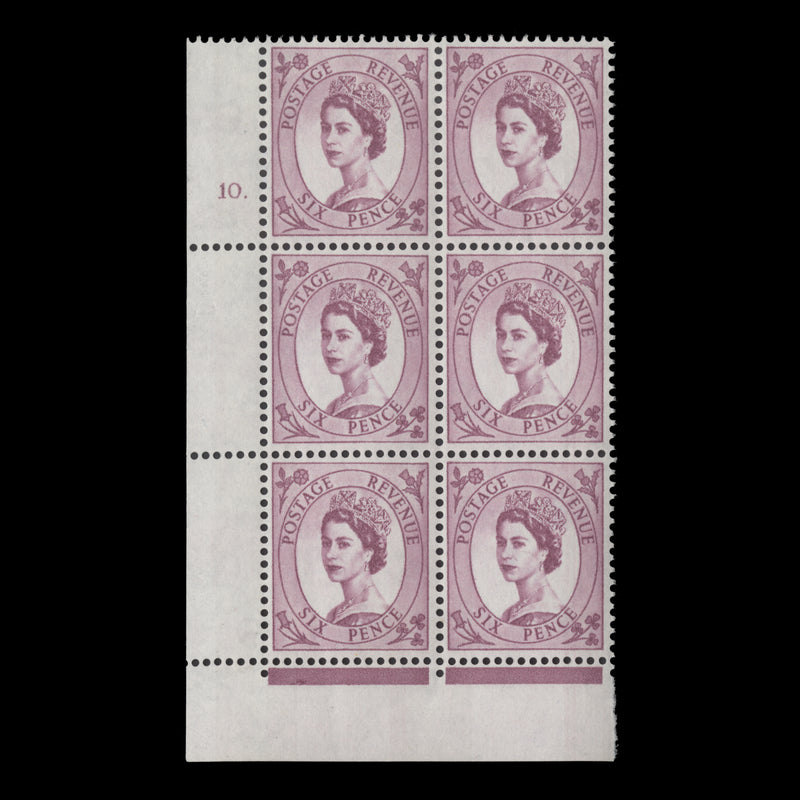 Great Britain 1967 (MNH) 6d Deep Claret cylinder 10. block, P/E, phosphor