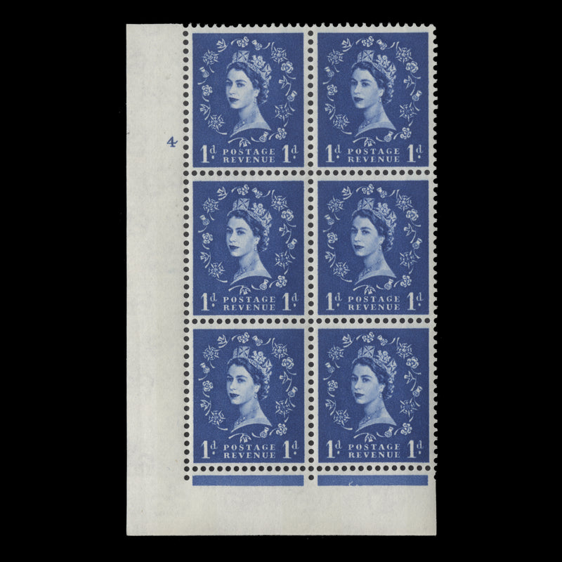 Great Britain 1967 (MNH) 1d Ultramarine cylinder 4 block, phosphor