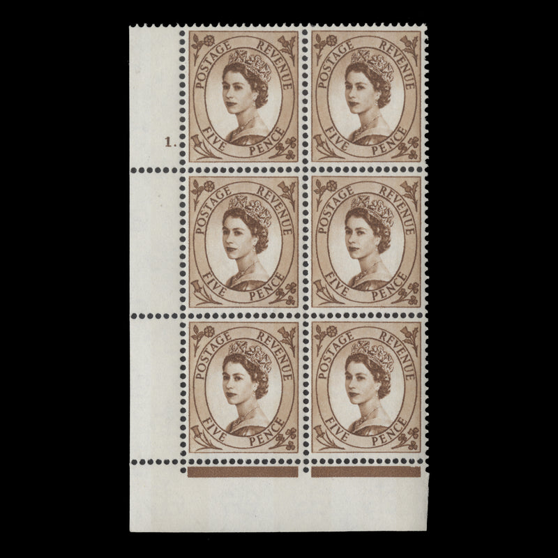 Great Britain 1967 (MNH) 5d Brown cylinder 1. block, P/E, phosphor