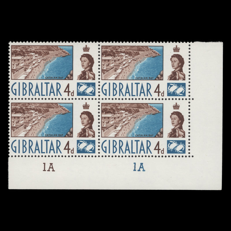 Gibraltar 1966 (MNH) 4d Catalan Bay plate 1A–1A block, sideways watermark