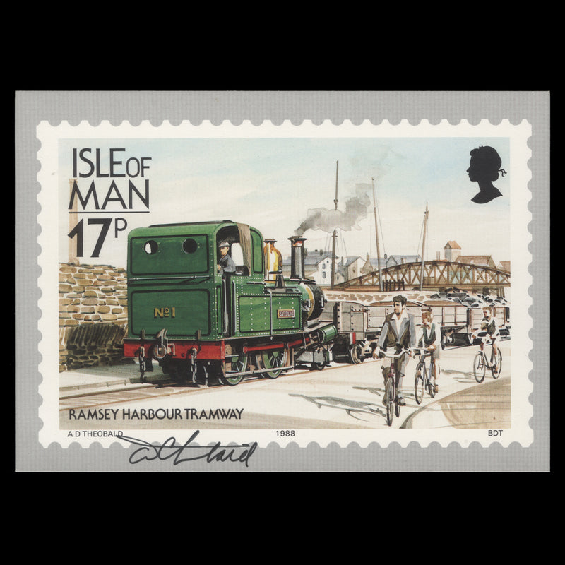 Isle of Man 1988 Ramsey Harbour Tramway PHQ card signed by stamp designer