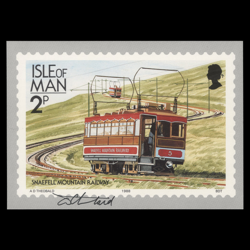 Isle of Man 1988 Snaefell Mountain Railway PHQ card signed by stamp designer