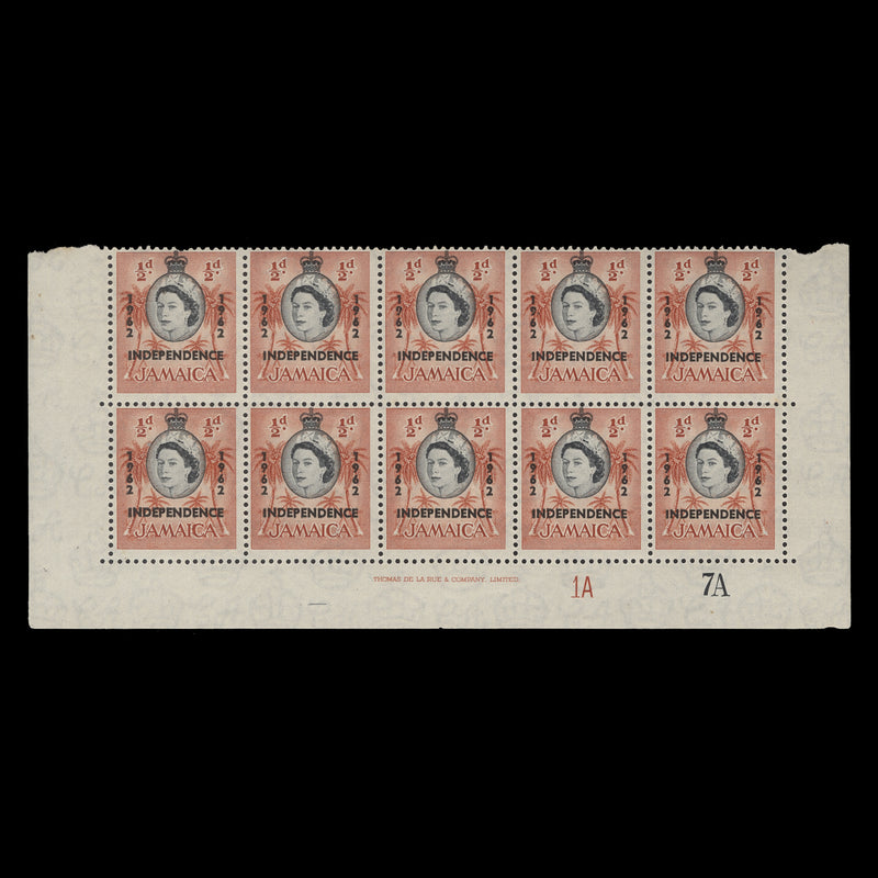 Jamaica 1962 (MLH) ½d Coconut Palms imprint/plate 1A–7A block