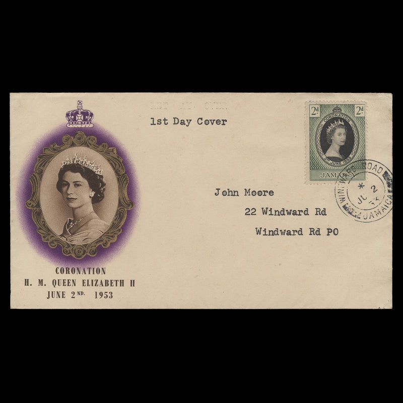 Jamaica 1953 (FDC) 2d Coronation, WINDWARD ROAD