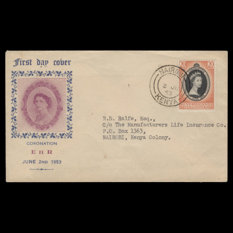 Kenya Uganda Tanganyika 1953 (FDC) 20c Coronation, NAIROBI