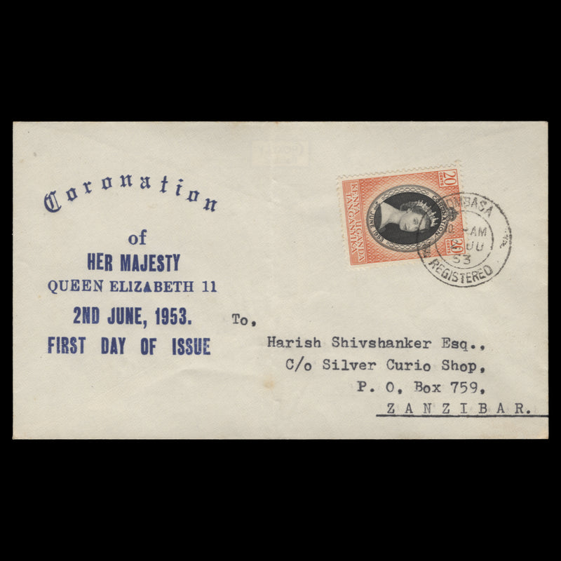 Kenya Uganda Tanganyika 1953 (FDC) 20c Coronation, MOMBASA