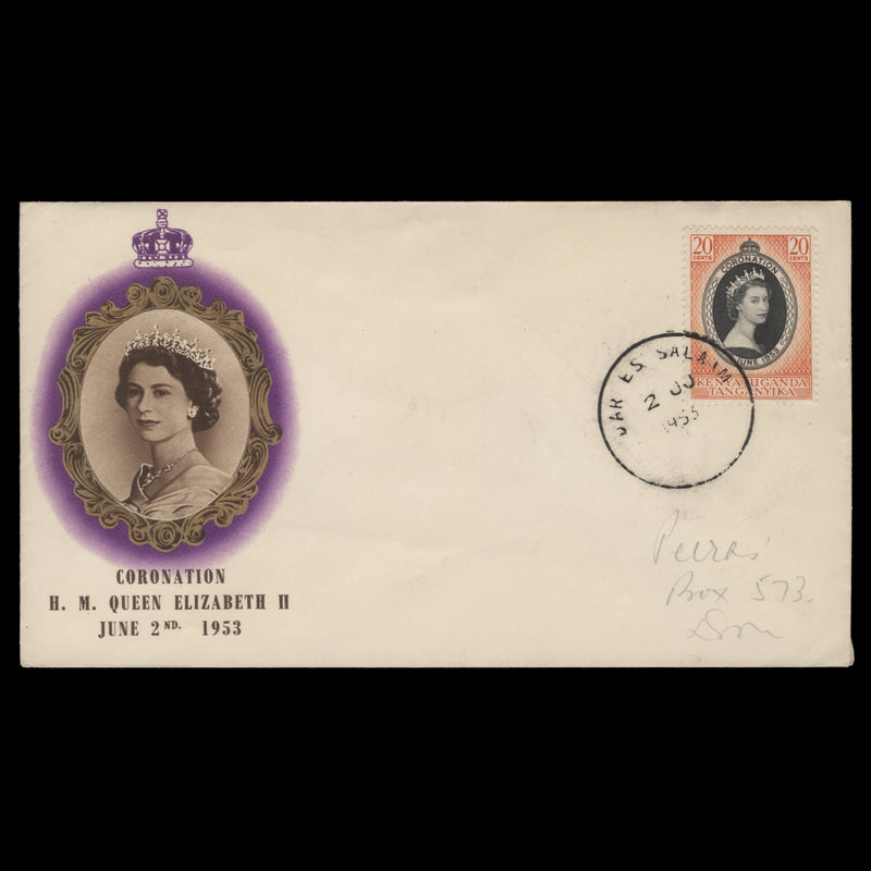 Kenya Uganda Tanganyika 1953 (FDC) 20c Coronation, DAR ES SALAAM