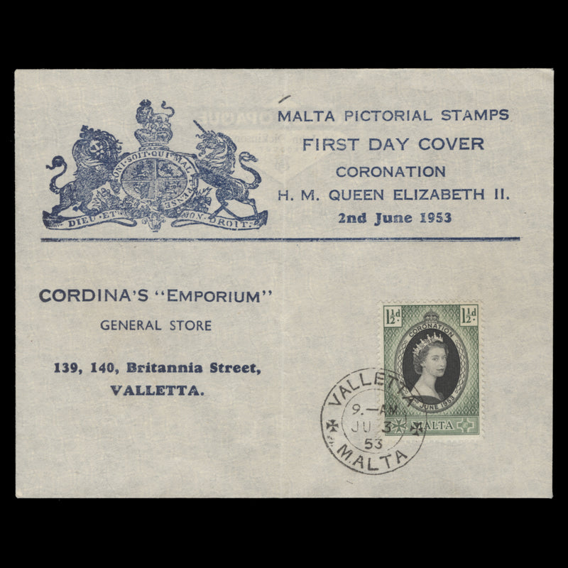 Malta 1953 (FDC) 1½d Coronation, VALLETTA