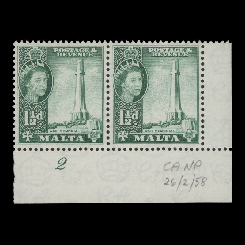 Malta 1958 (MNH) 1½d Second World War Memorial plate 2 pair