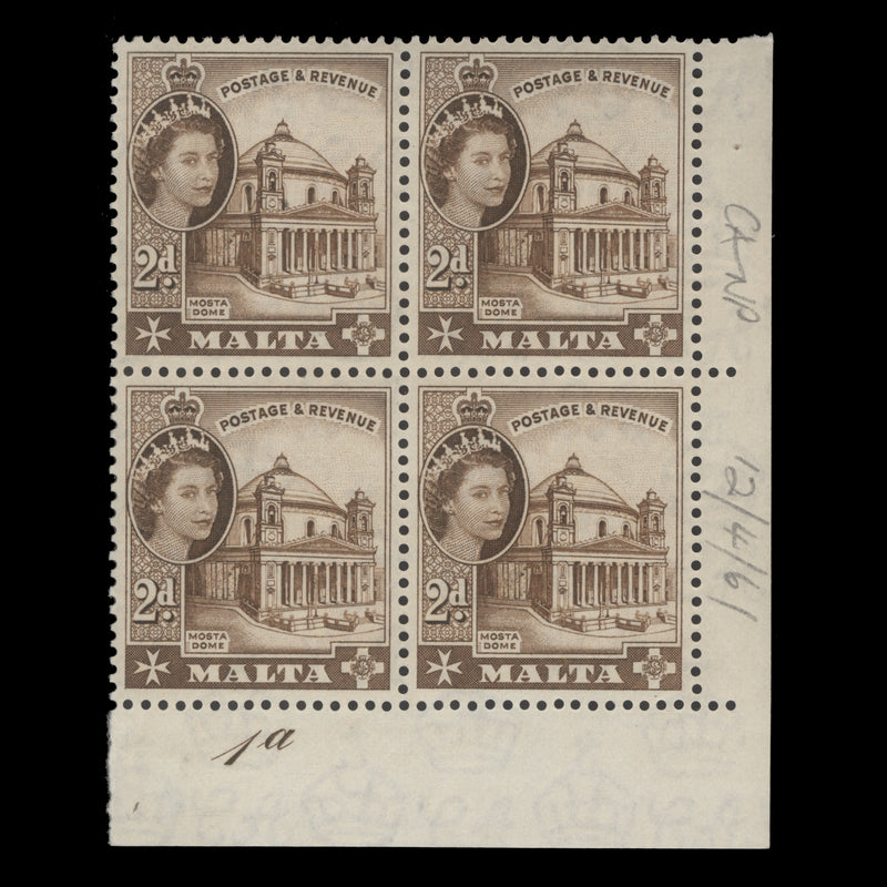 Malta 1961 (MNH) 2d Mosta Church plate 1a block, deep brown