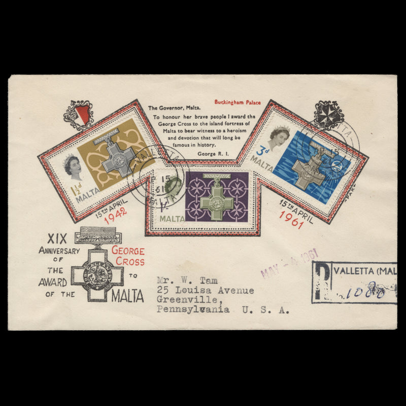 Malta 1961 George Cross Commemoration first day cover, VALLETTA