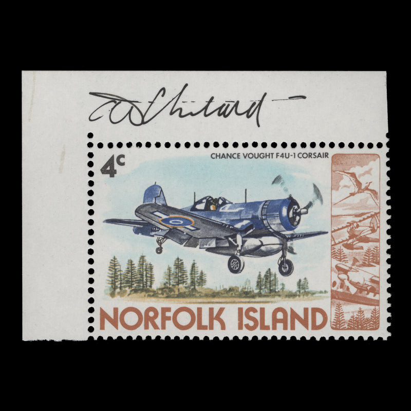 Norfolk Island 1980 (MNH) 4c Chance Vought F4U-1 Corsair signed by designer