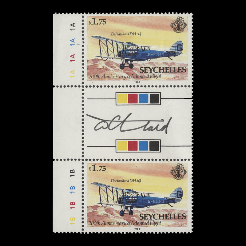 Seychelles 1983 (MNH) R1.75 De Havilland DH50J gutter pair signed by designer